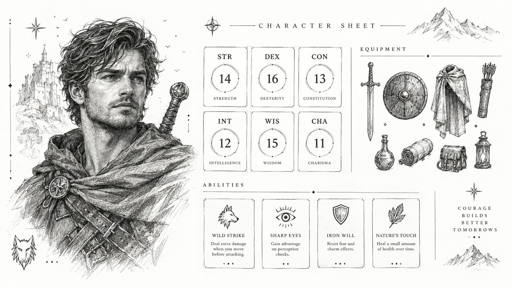 A detailed fantasy character sheet featuring a rugged male adventurer, stats, equipment, and unique special abilities.