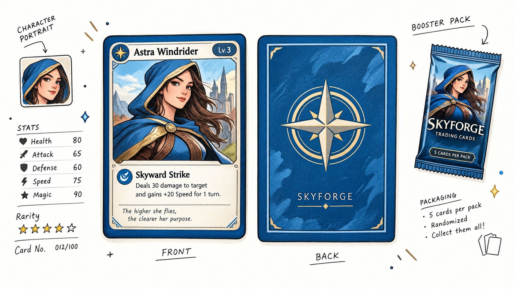 A conceptual design sheet for a fantasy trading card character named Astra Windrider with stats and packaging.