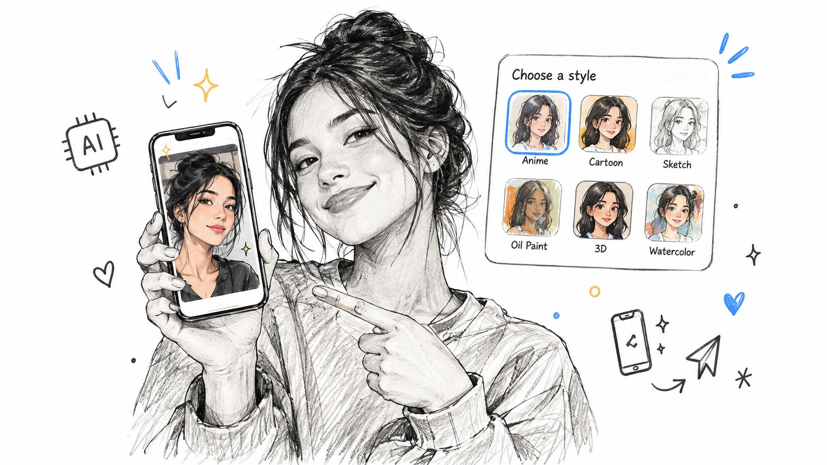 A sketched woman pointing to an AI selfie app interface showing various artistic photo style filters