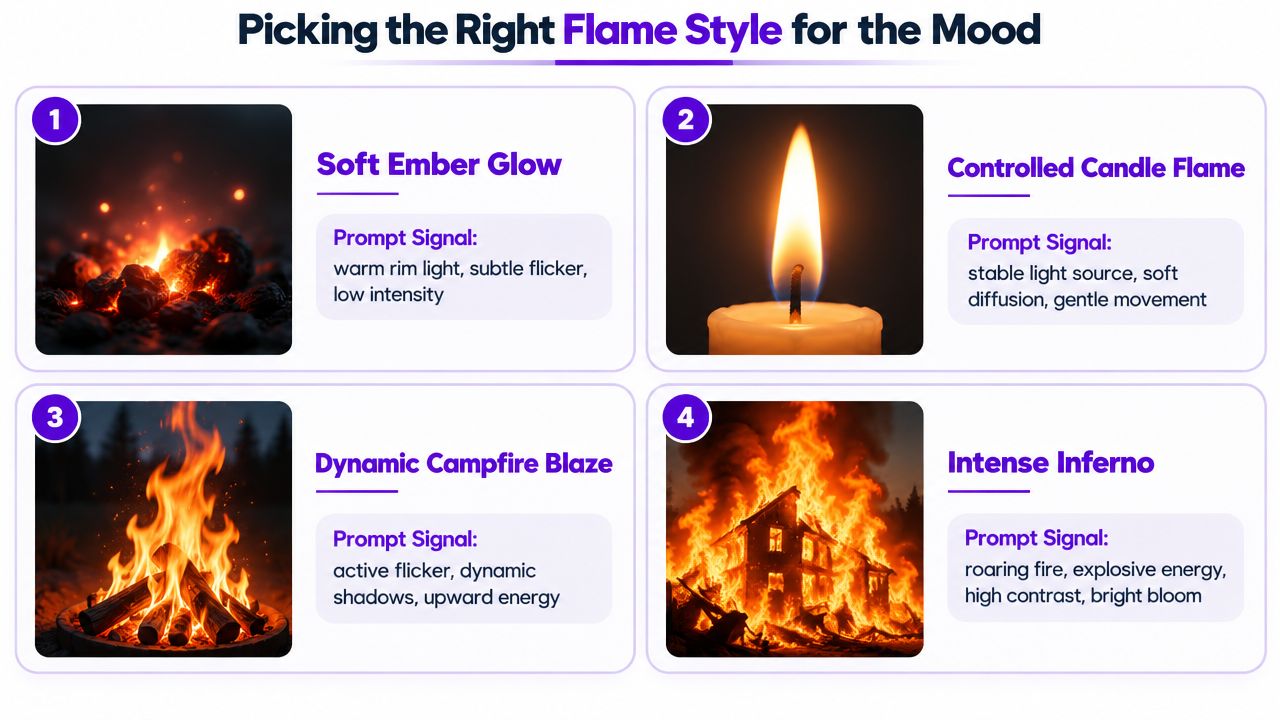 A guide showing four different flame styles for mood setting, including ember glow, candle, campfire, and inferno.