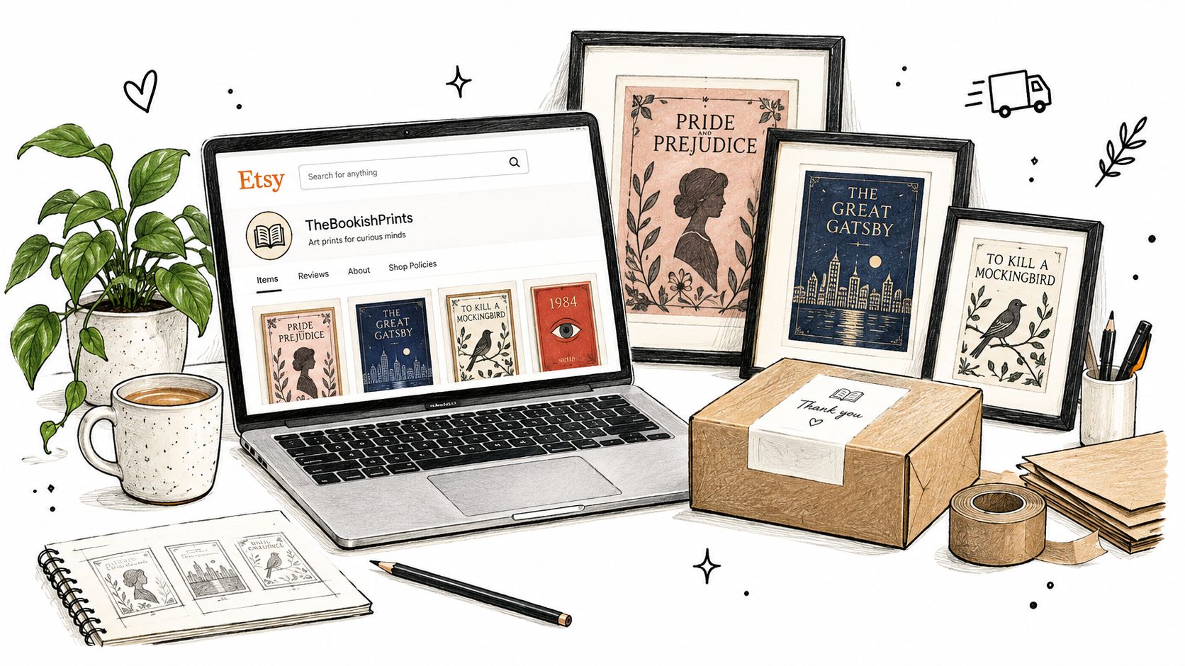 An Etsy laptop screen showing book art prints next to framed literary posters and shipping supplies on desk.