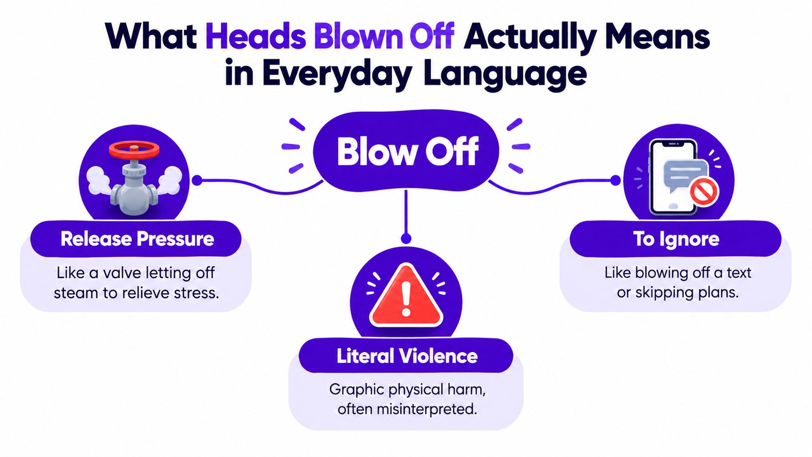 A diagram explaining three common meanings of the phrase blow off including releasing pressure, ignoring, and literal violence.