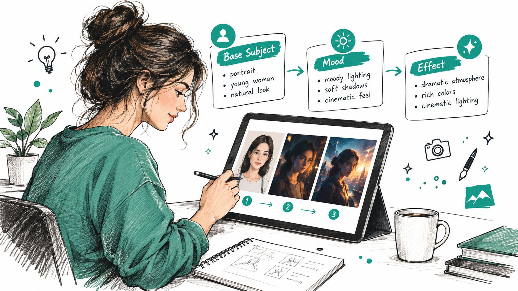 A digital artist sketching on a tablet while visualizing a creative image refinement process with three steps.