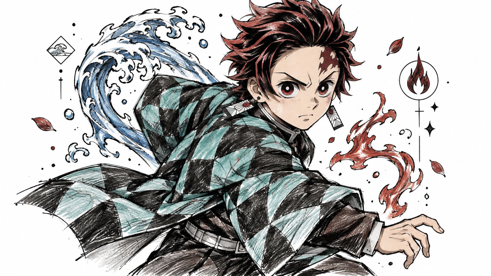 Tanjiro Kamado from Demon Slayer featuring water and fire elements in a stylized sketch illustration.