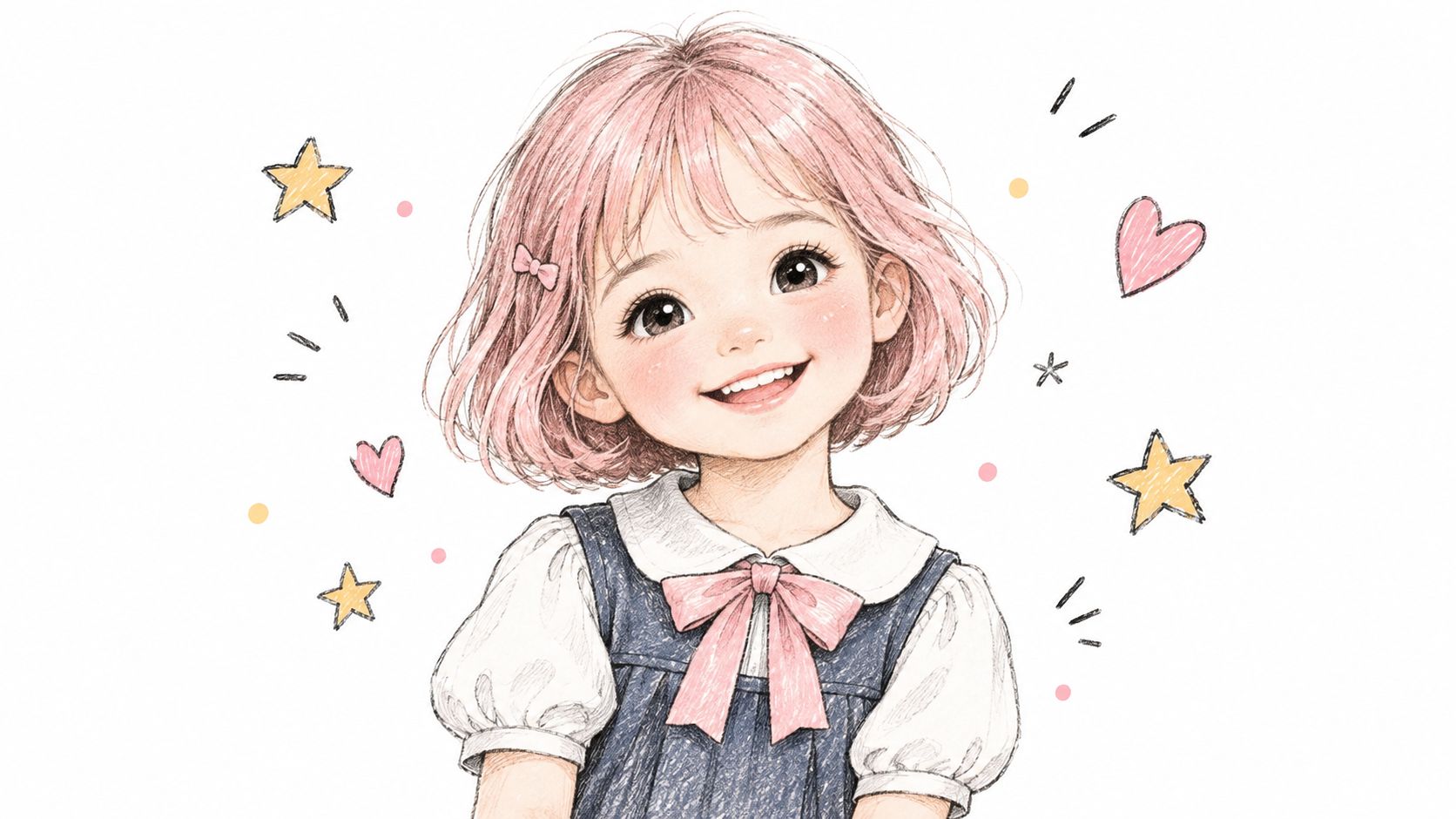 A whimsical illustration of a cute girl with short pink hair wearing a dark blue pinafore dress.