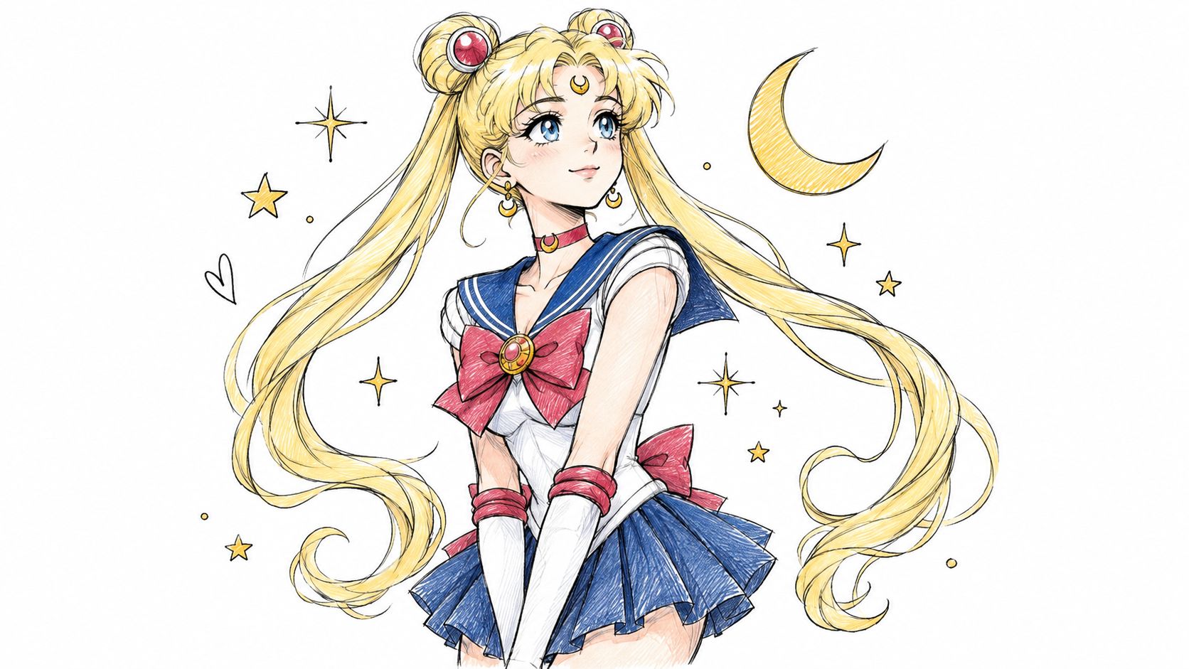 A beautiful sketch illustration of Sailor Moon with long blonde pigtails in her iconic sailor school uniform