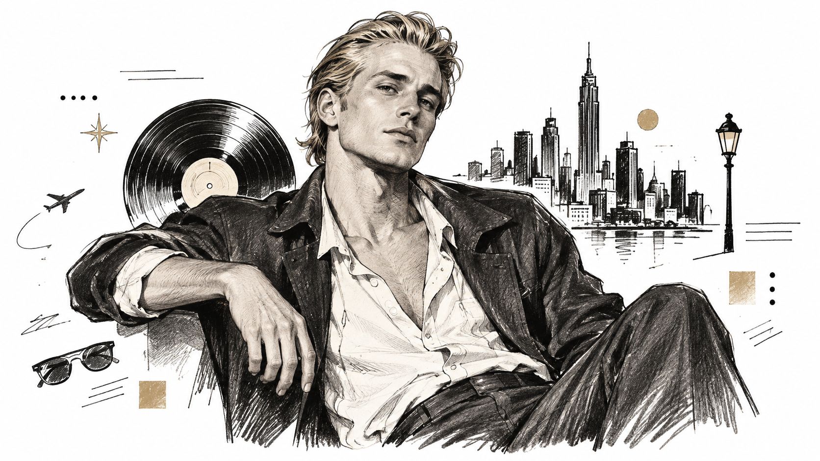 A stylish illustration of a handsome man in a jacket with a city skyline and vinyl record background.