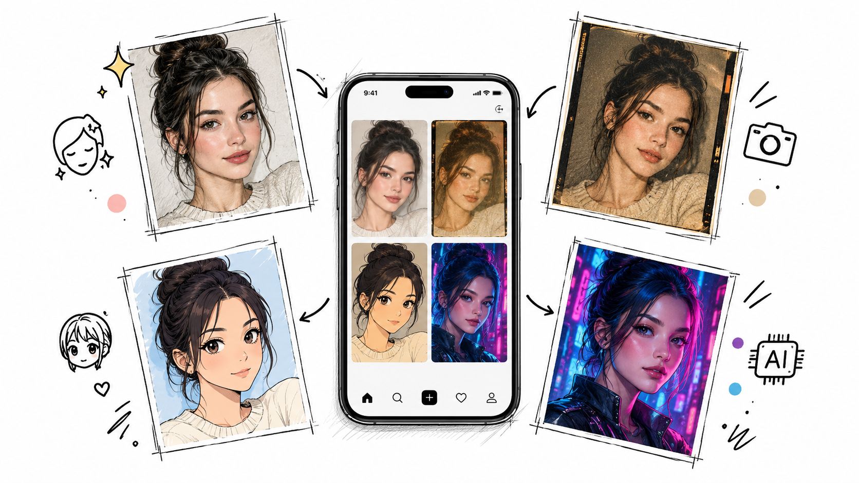 A smartphone screen displaying various AI-generated photo styles next to artistic renderings of a woman.