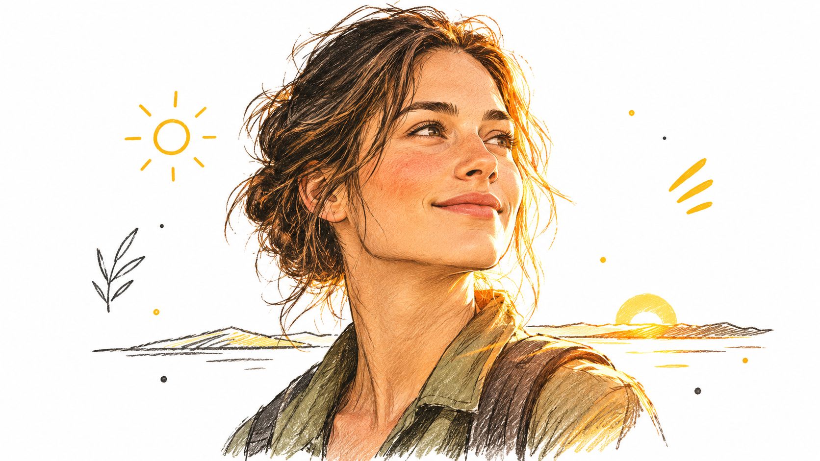 A warm digital illustration of a smiling woman looking towards the sun in a scenic outdoor setting.