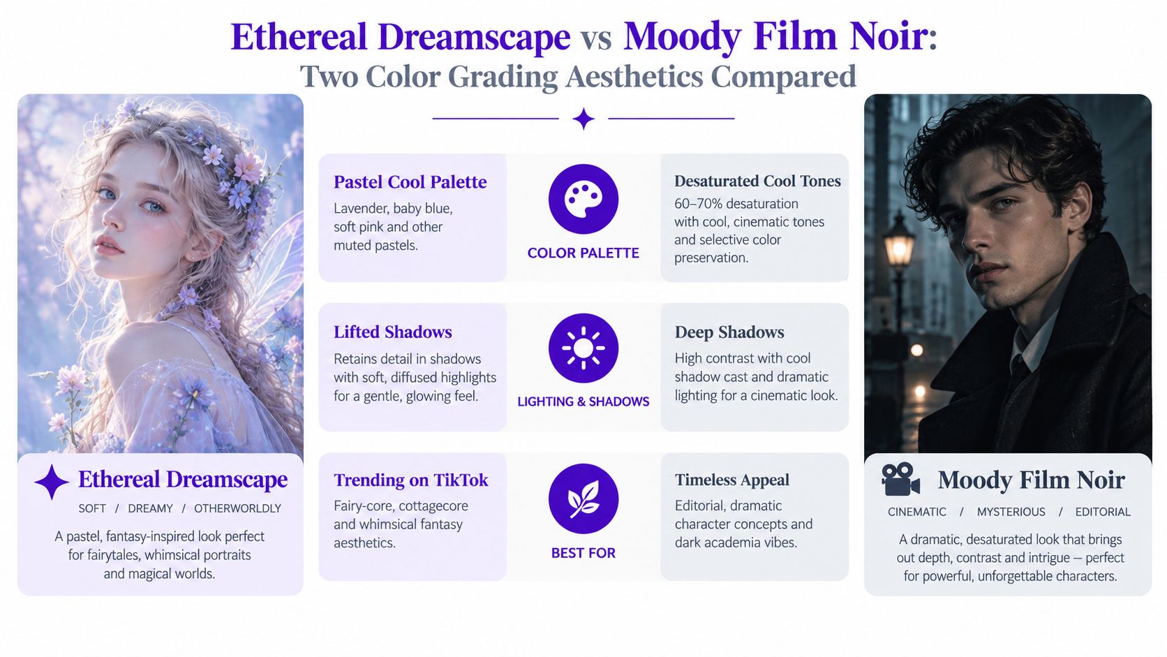 A comparison chart showcasing Ethereal Dreamscape and Moody Film Noir color grading aesthetics with sample portraits.