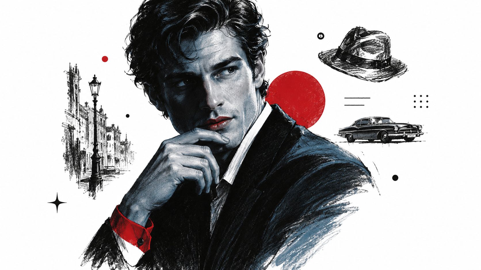 A charcoal-style artistic illustration of a stylish man in a suit with classic urban elements.