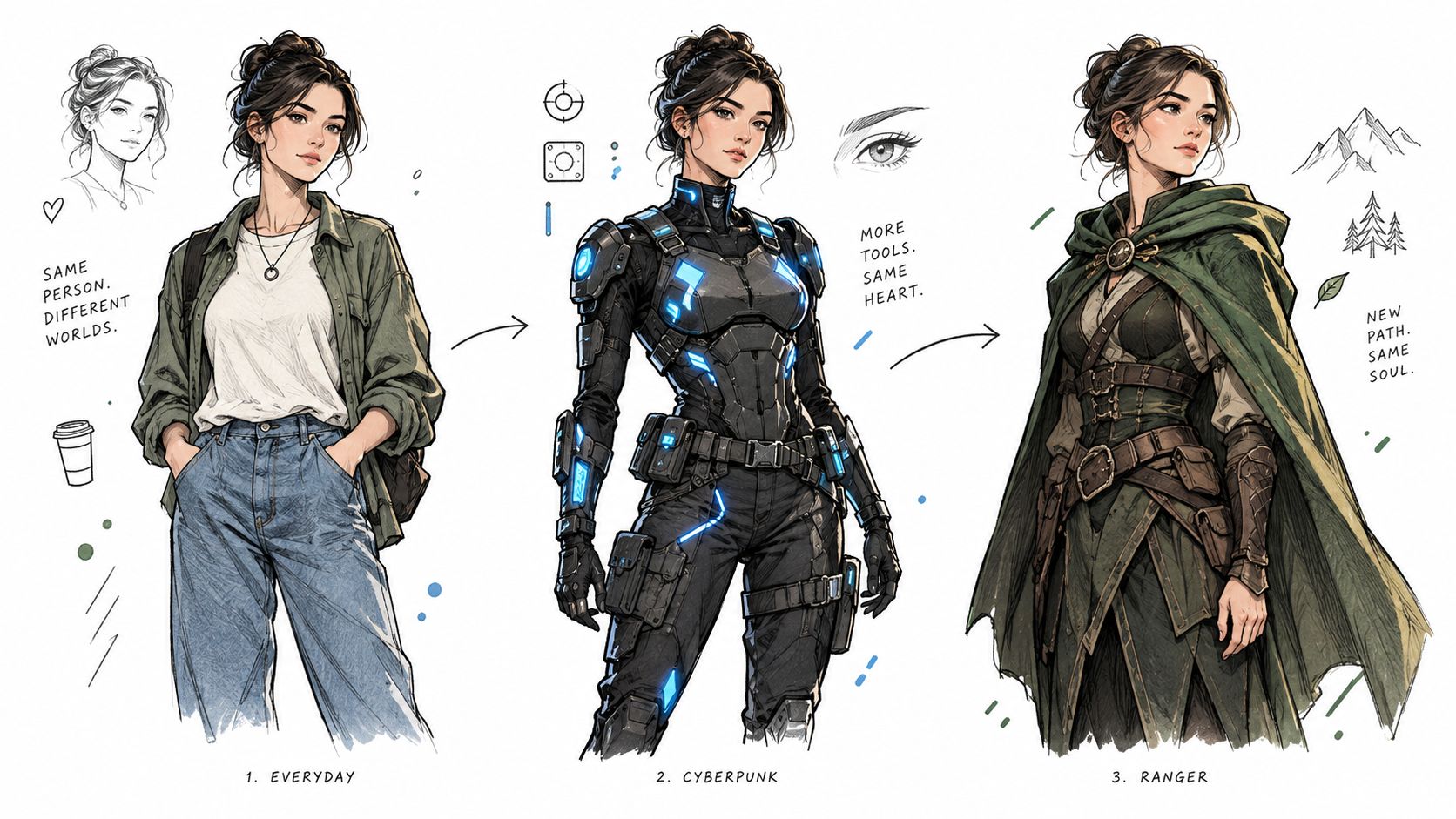 A character design sheet showcasing a woman in everyday, cyberpunk, and ranger fantasy clothing styles.