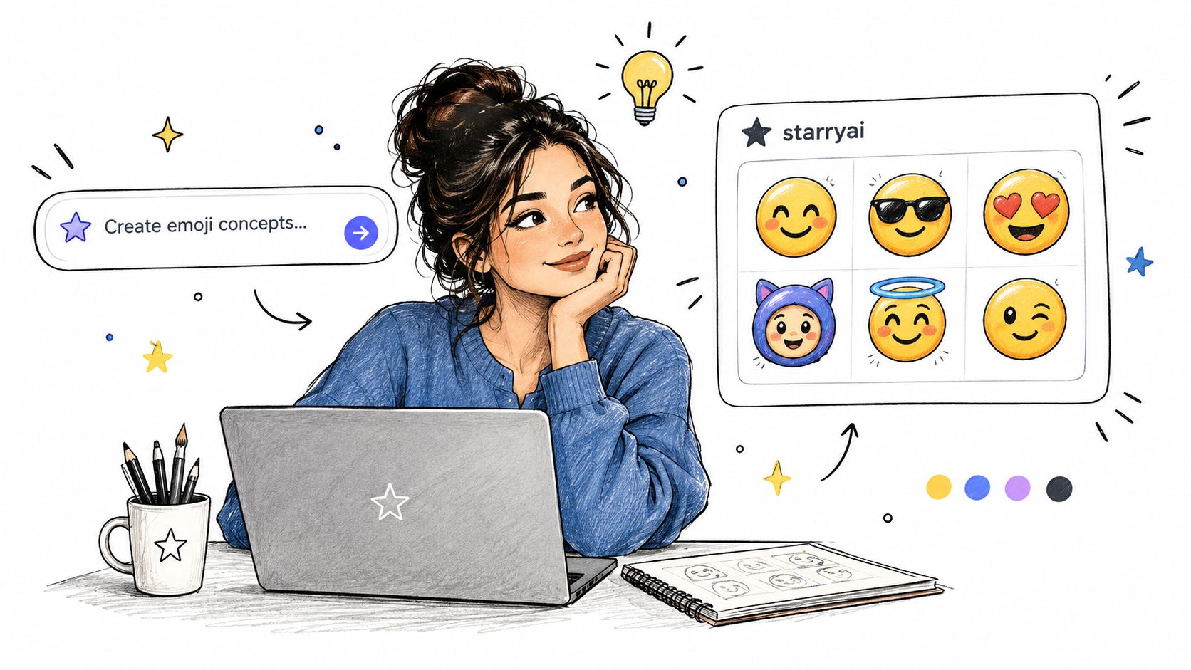 A digital artist sketching emoji concepts on a laptop in a cozy, creative workspace environment.