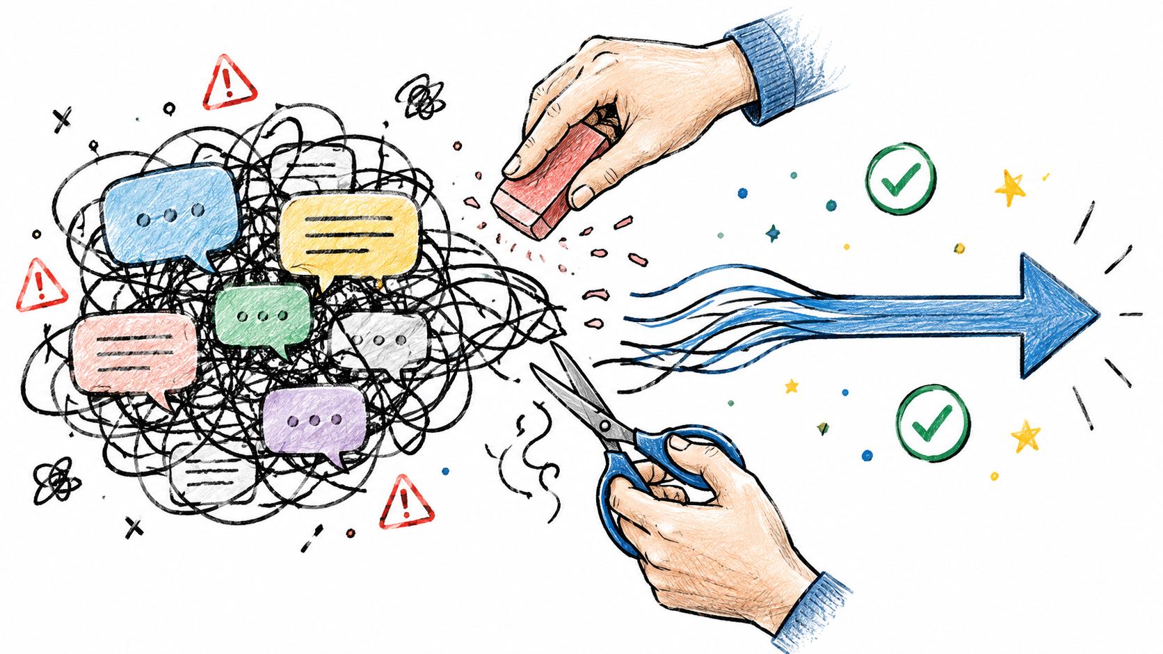A conceptual illustration showing hands using an eraser and scissors to transform a tangled mess into an arrow.