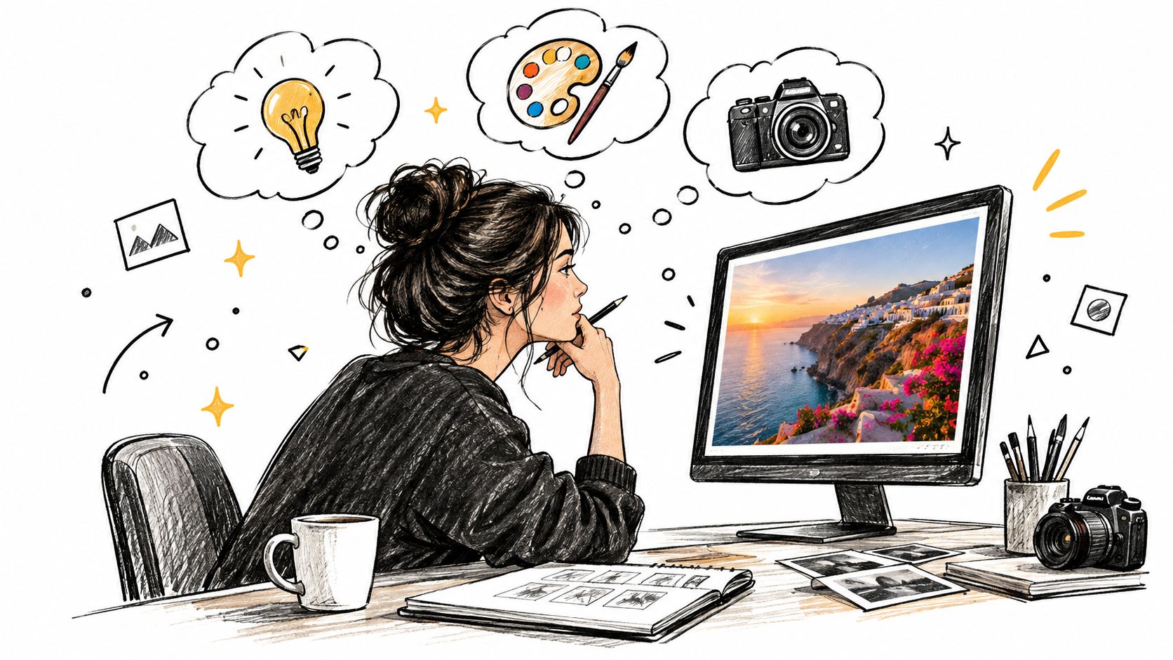 A digital illustration of a woman working at her desk, brainstorming creative ideas with artistic tools.
