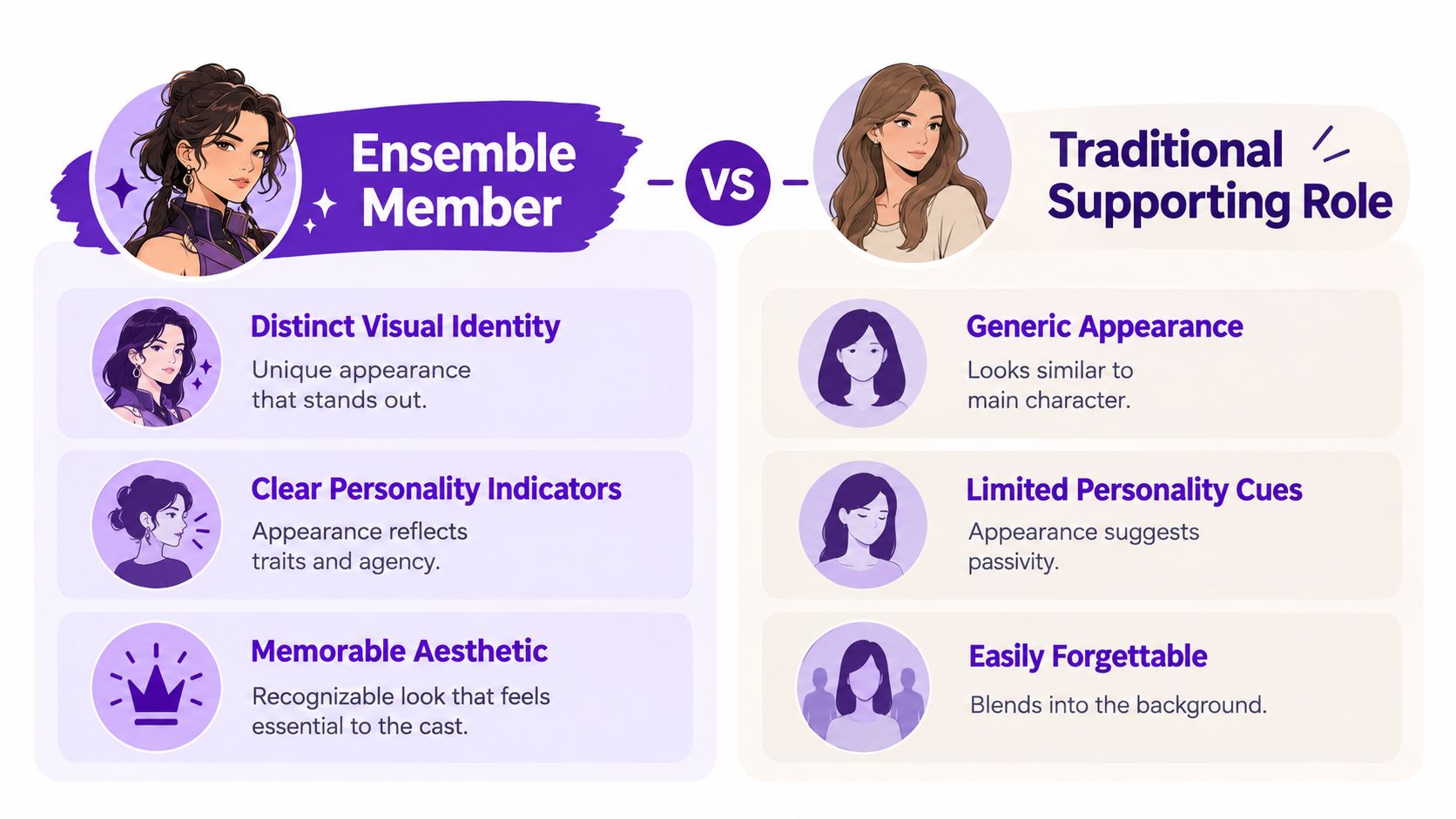A comparison chart showing the differences between an ensemble member character design and a traditional supporting role.