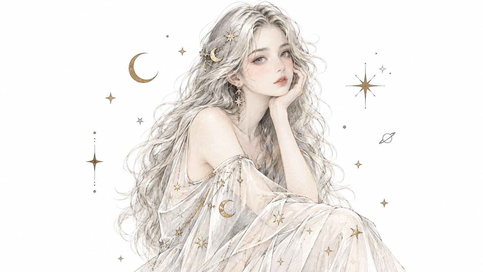 A digital illustration of a beautiful girl with long flowing white hair adorned with celestial decorations