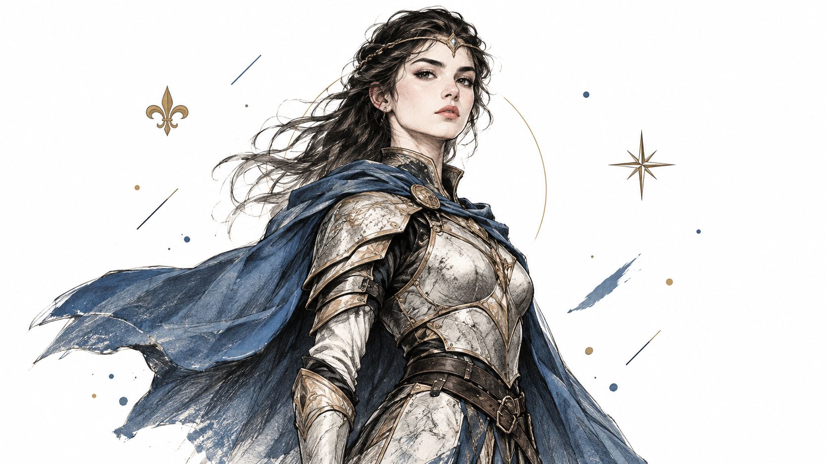 A majestic female knight with flowing dark hair wearing detailed silver armor and a royal blue cape.