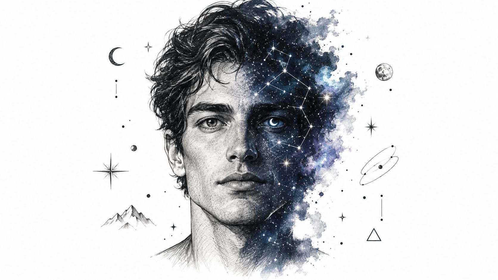 A digital illustration of a man with a face merging into a starry galaxy nebula background.