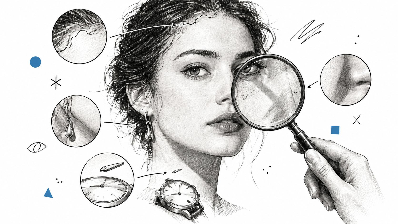 A detailed pencil sketch of a woman's face being examined with a magnifying glass, including inset detail views.