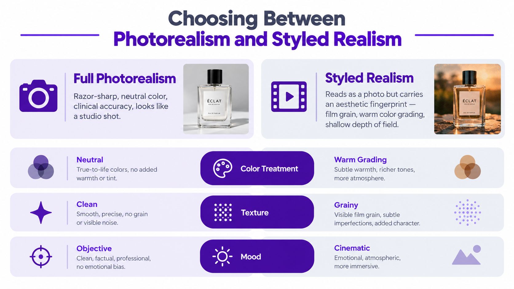 A comparison chart explaining the difference between full photorealism and styled realism in digital image generation.