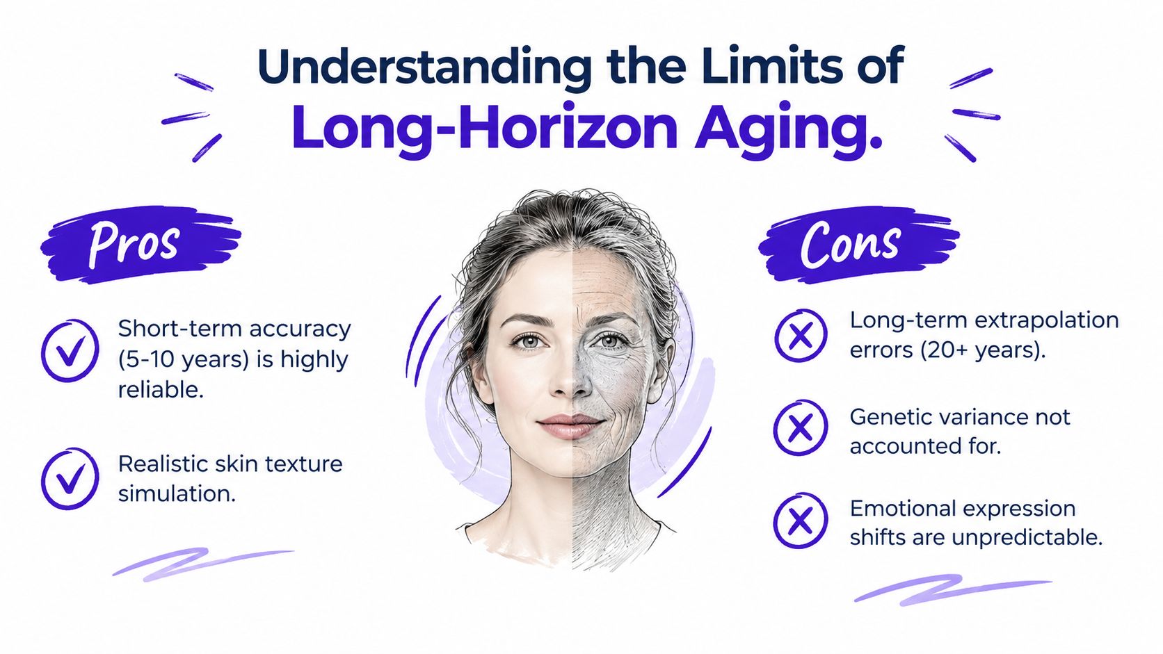 An infographic titled Understanding the Limits of Long-Horizon Aging showing pros and cons of facial aging technology.