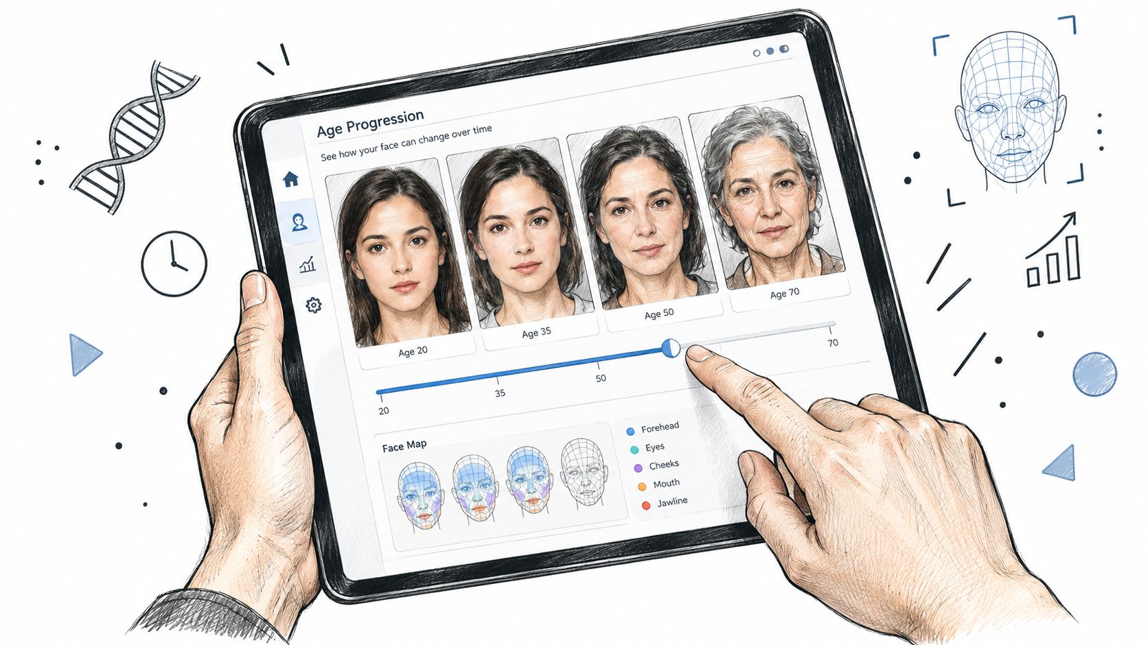 A digital tablet held by hands showing an age progression app interface with aging facial features.