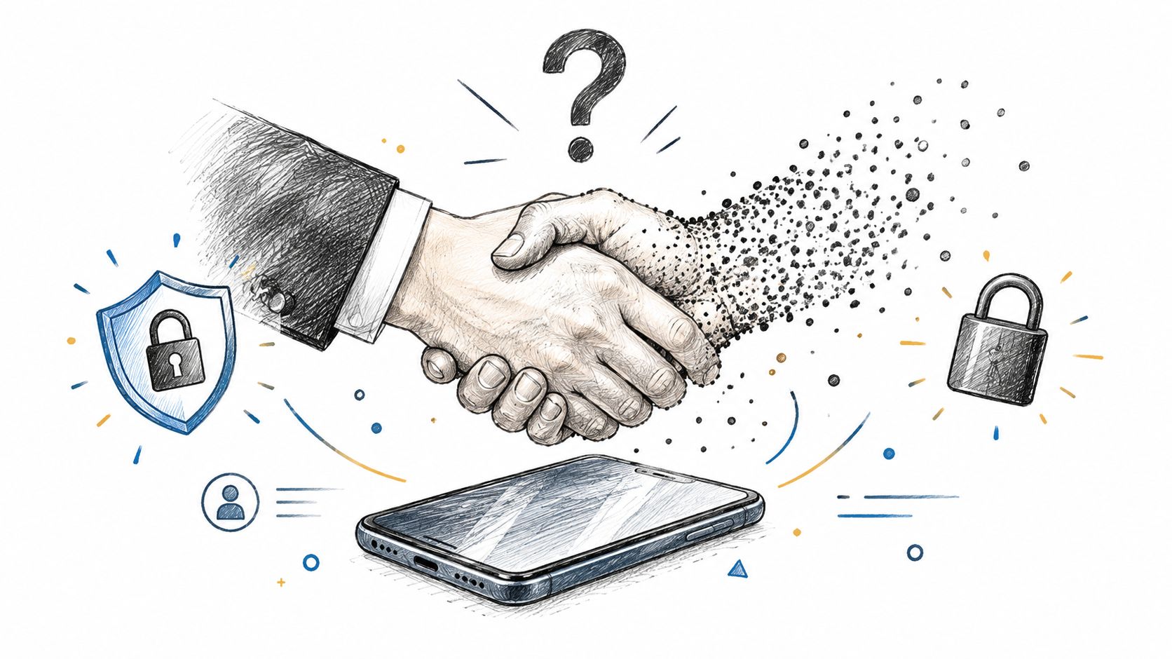 A conceptual illustration of a handshake between a human hand and a digital pixelated hand over a smartphone.