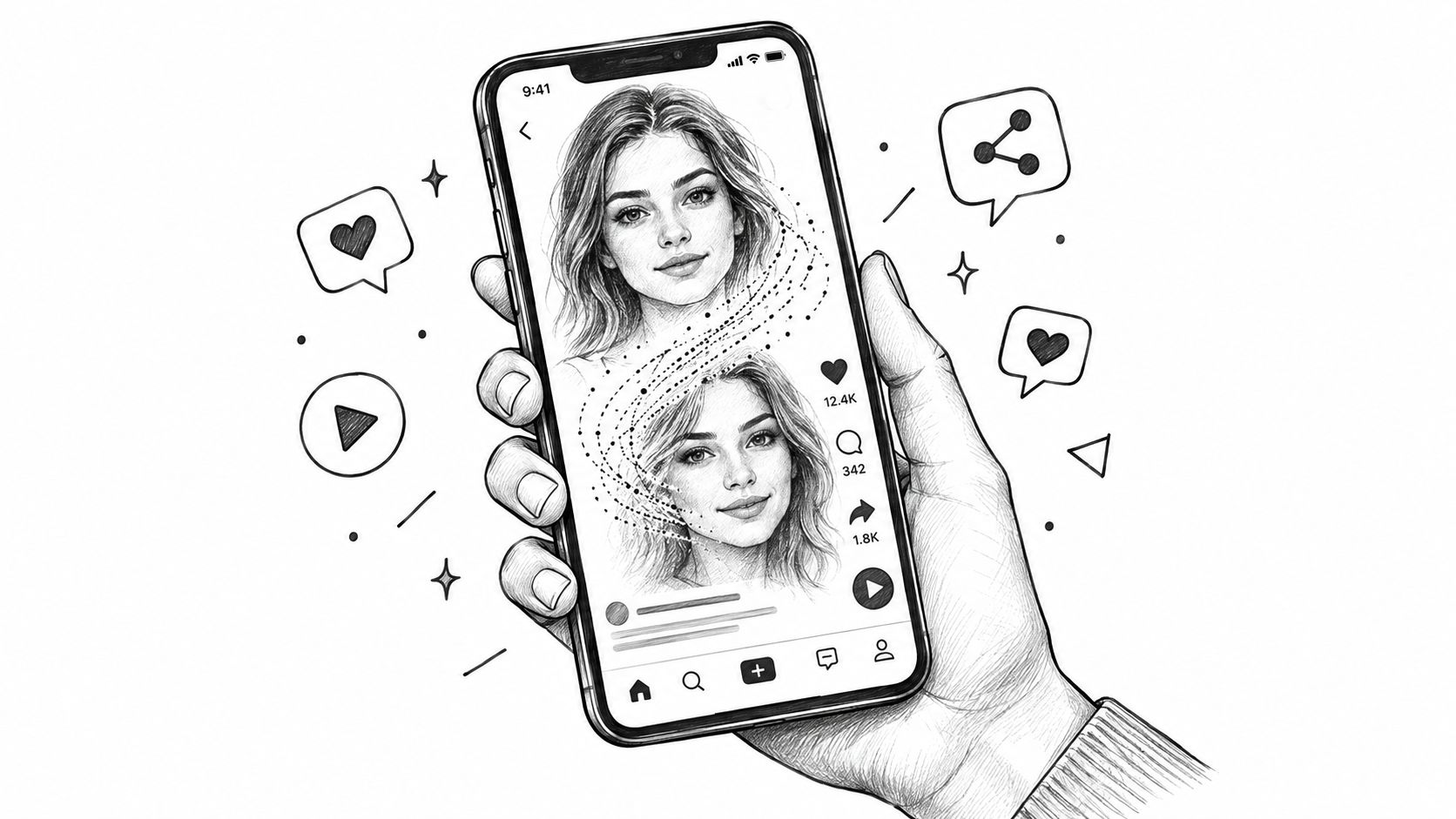 A hand holding a smartphone displaying an AI face morph transformation video on a social media app.