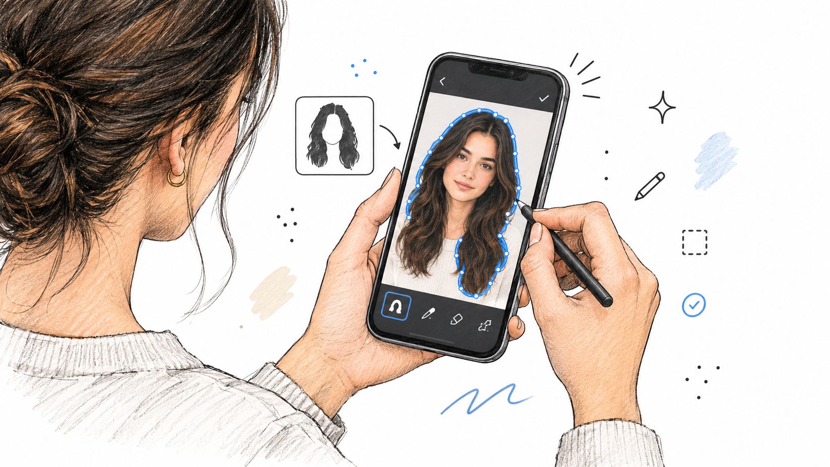 A person using a stylus on a smartphone to digitally edit and add hair to a photo.