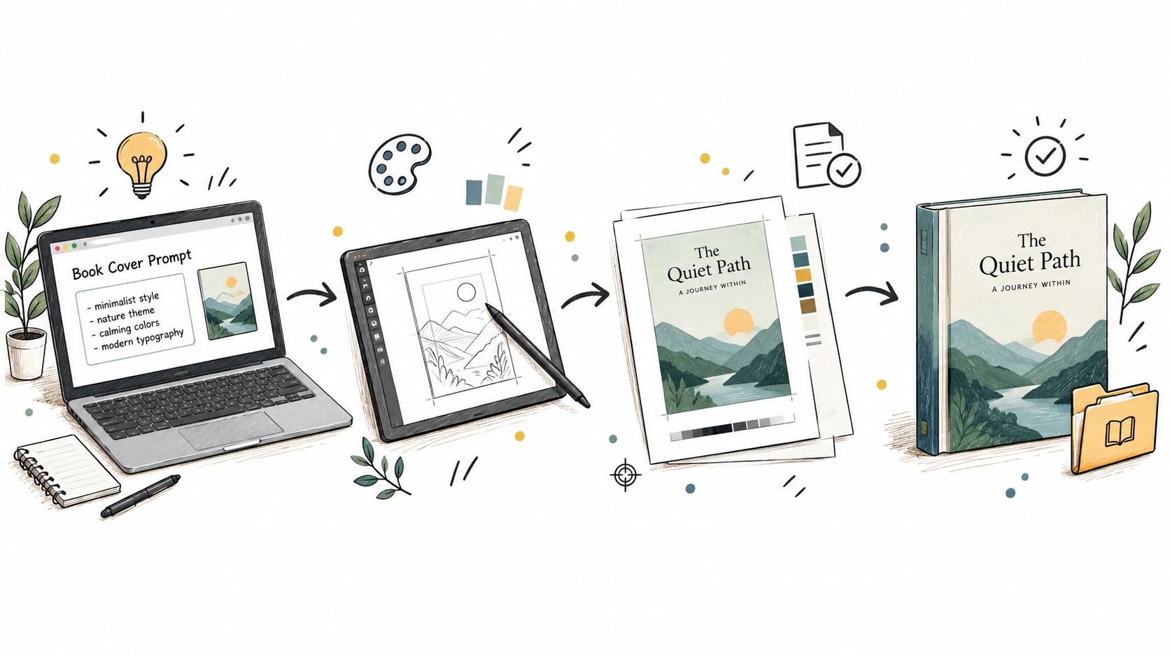 A hand-drawn illustration showing the step-by-step process of designing and self-publishing a book cover.