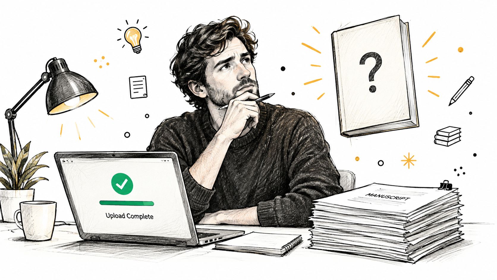 An illustration of a thoughtful man at a desk with a manuscript and a laptop computer.