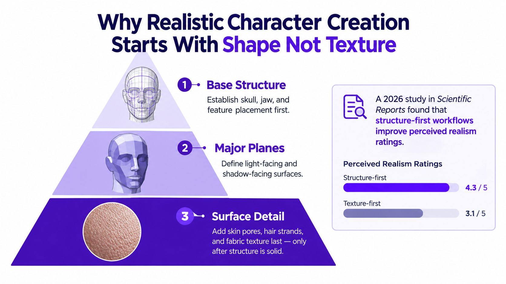 A diagram illustrating the three steps of realistic character creation: base structure, major planes, and surface detail.