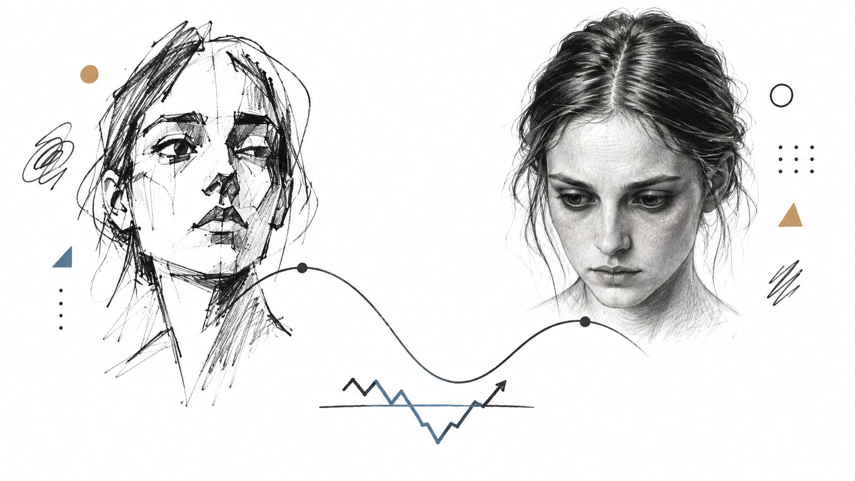 A dual portrait showing a loose sketch of a woman's face alongside a highly detailed realistic drawing.