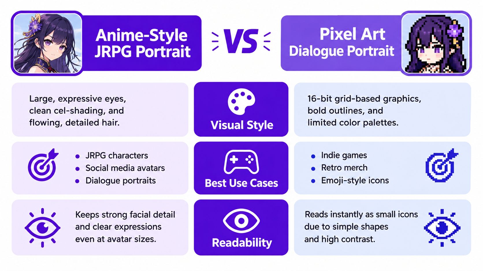 A comparison chart highlighting the differences between Anime-style JRPG character portraits and Pixel Art dialogue portraits.