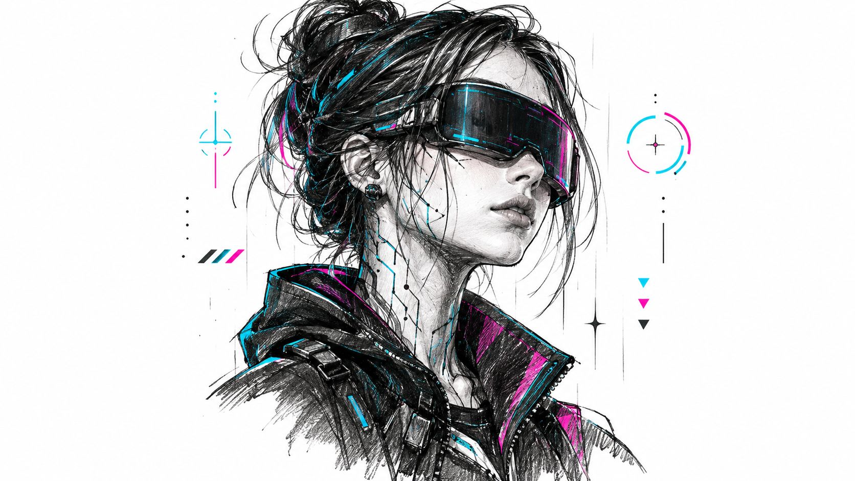 A detailed digital sketch of a female cyberpunk character wearing futuristic digital visor goggles and high-tech gear.