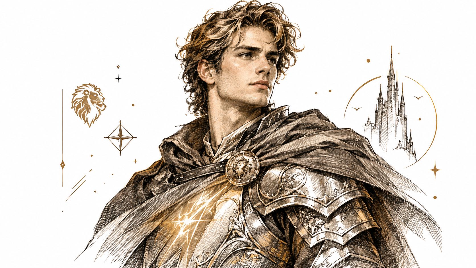 A handsome fantasy knight with flowing hair in ornate armor with a glowing chest piece and castle.