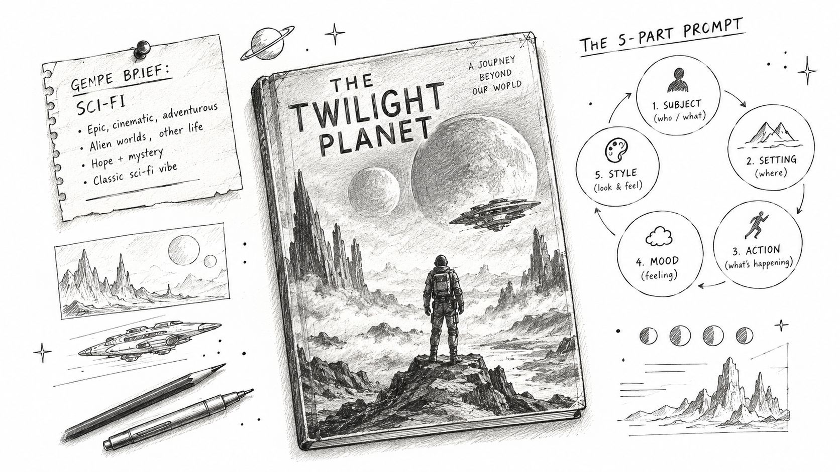 A hand-drawn guide illustrating the five-part prompt method for designing creative sci-fi book cover artwork.