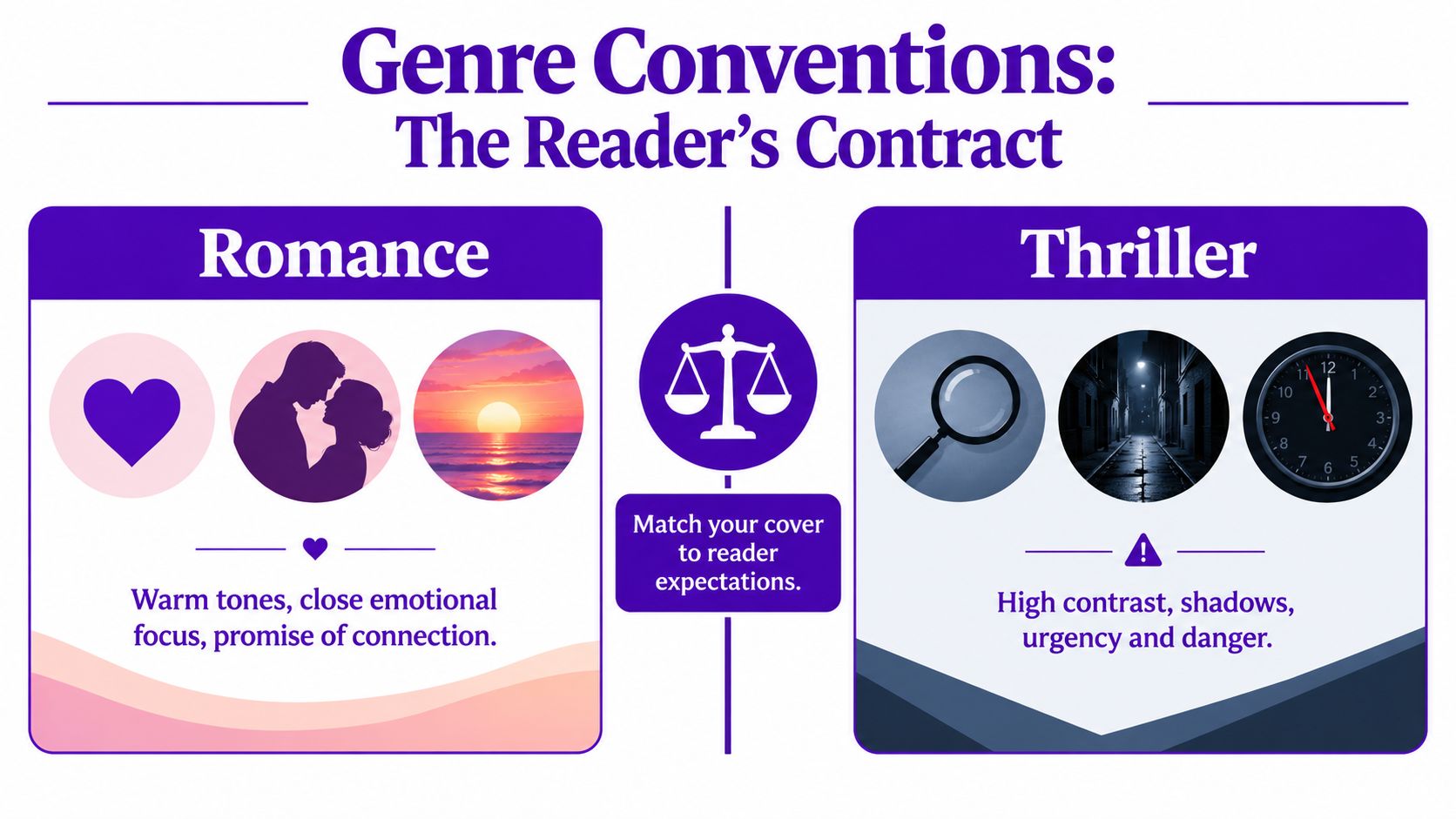 An infographic comparing romance and thriller book cover design conventions to help authors meet reader expectations.