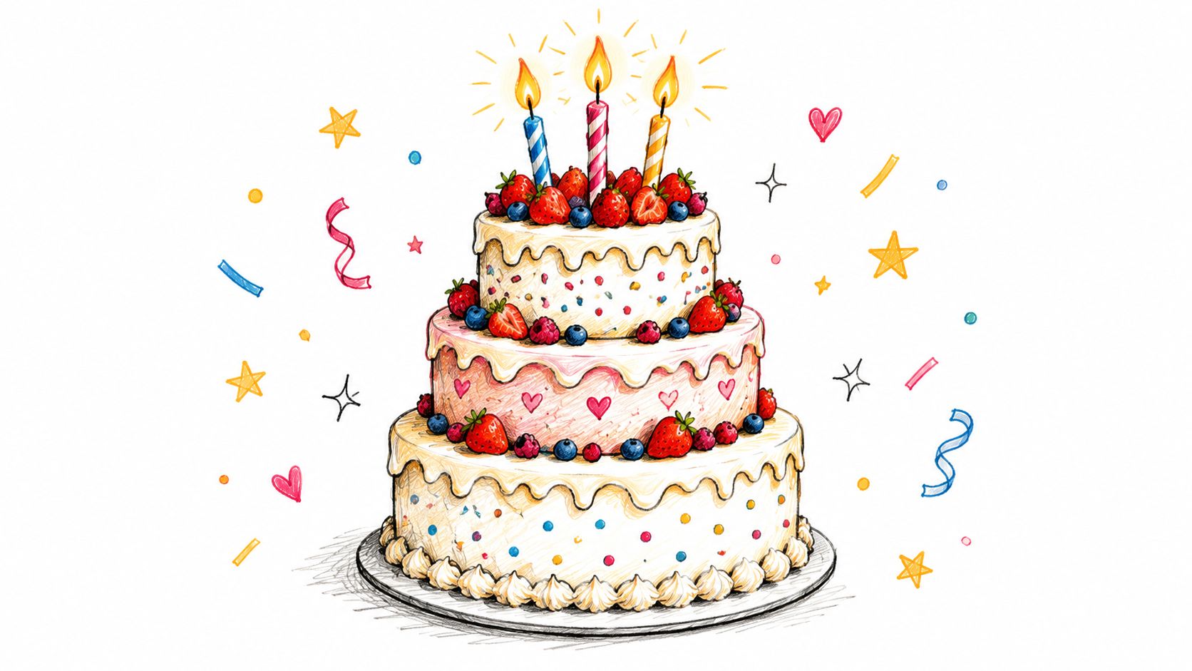 A festive three-tiered birthday cake decorated with strawberries, blueberries, sprinkles, and three glowing candles on top.