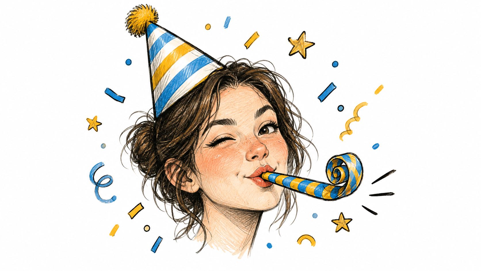 A whimsical illustration of a winking young woman wearing a party hat and blowing a noisemaker.