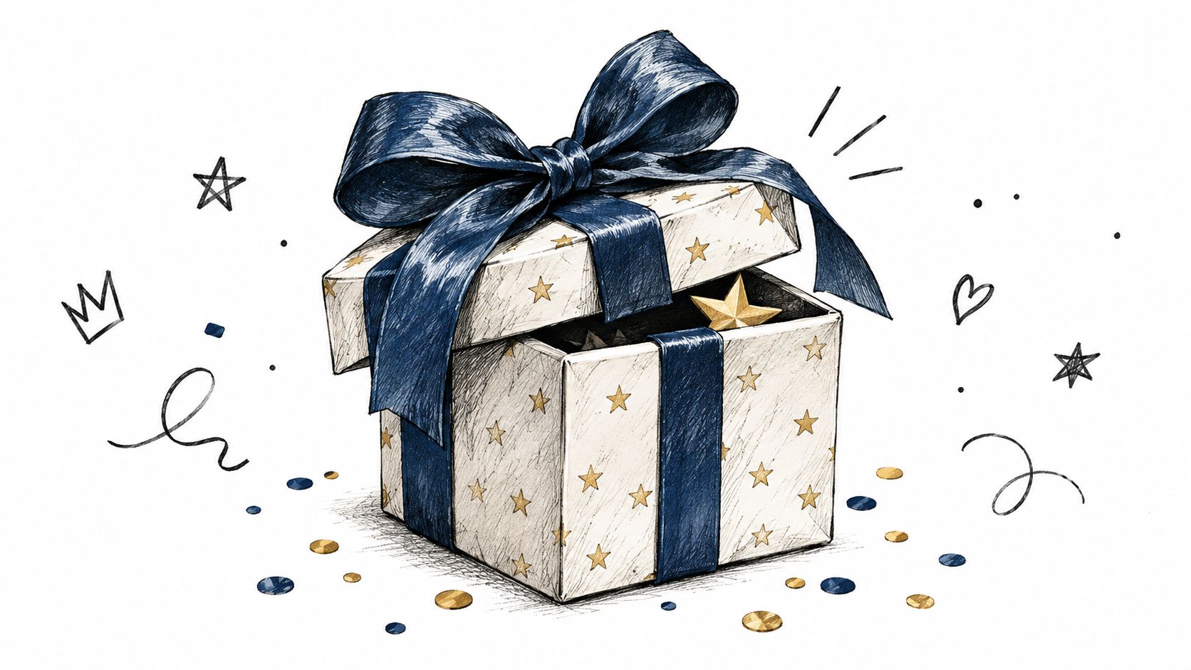 A hand-drawn illustration of a white gift box decorated with gold stars and a large blue ribbon.
