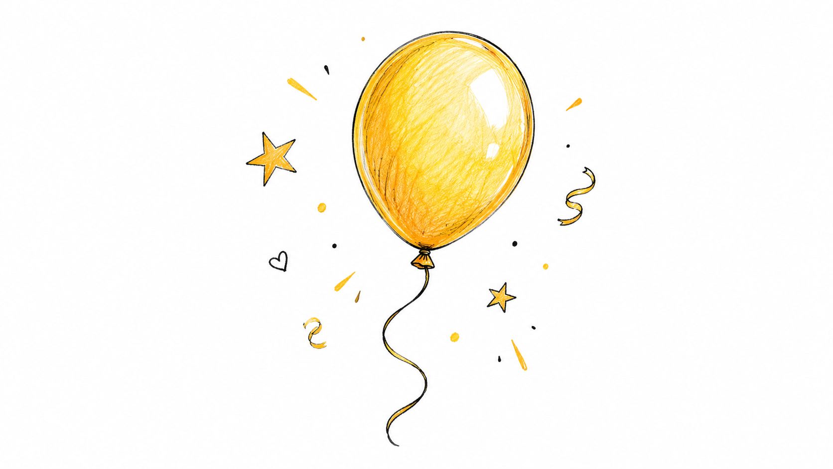 A hand-drawn illustration of a festive yellow balloon floating with stars and confetti on white background.