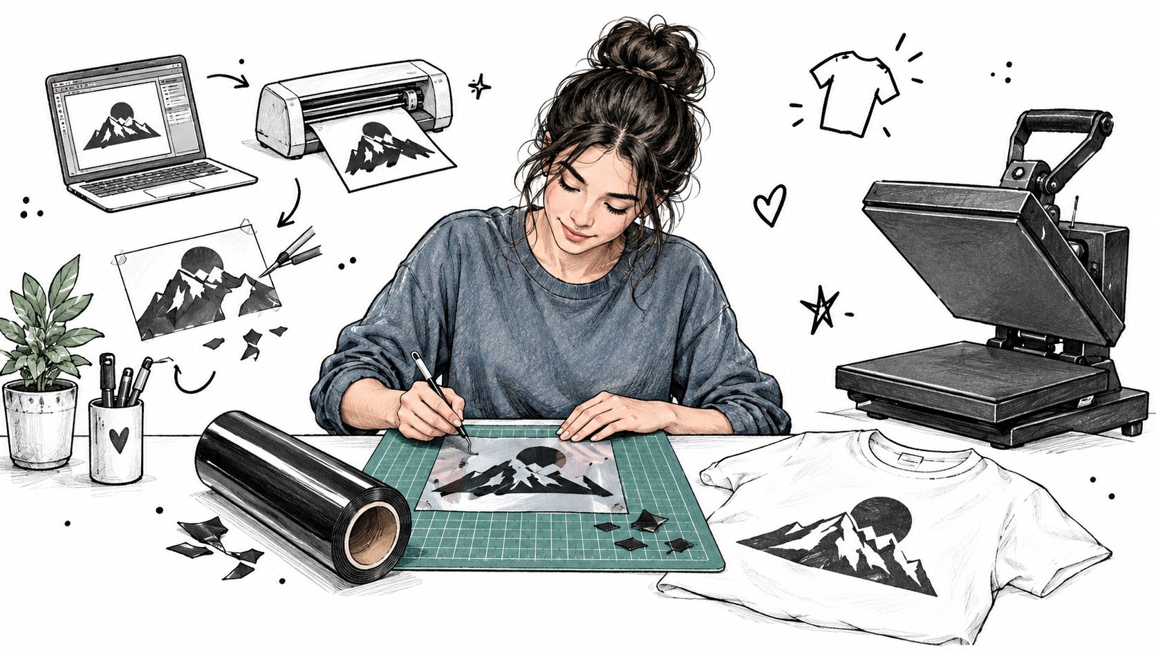 A woman working on a custom shirt design using a laptop, vinyl cutter, and heat press machine.