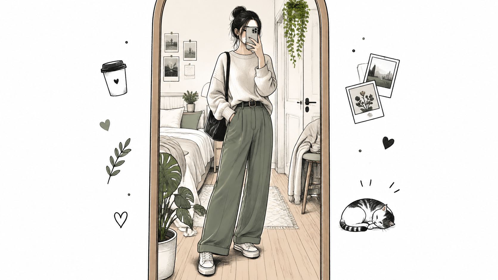 An anime style illustration of a young woman taking a mirror selfie in her cozy bedroom.