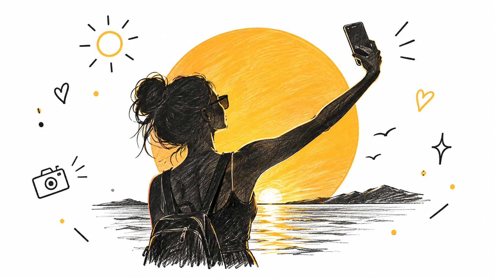 A charcoal-style drawing of a young woman with a backpack taking a selfie at sunset by the ocean.