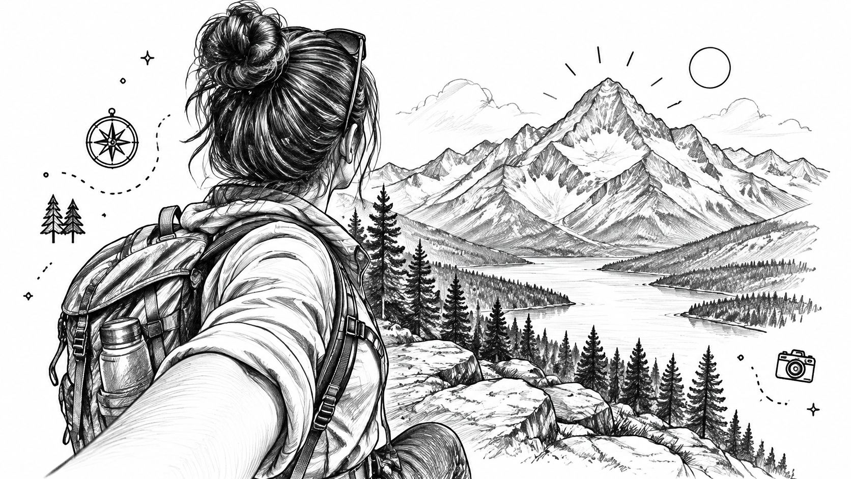 A black and white sketch of a woman taking a scenic selfie overlooking mountains and lakes.
