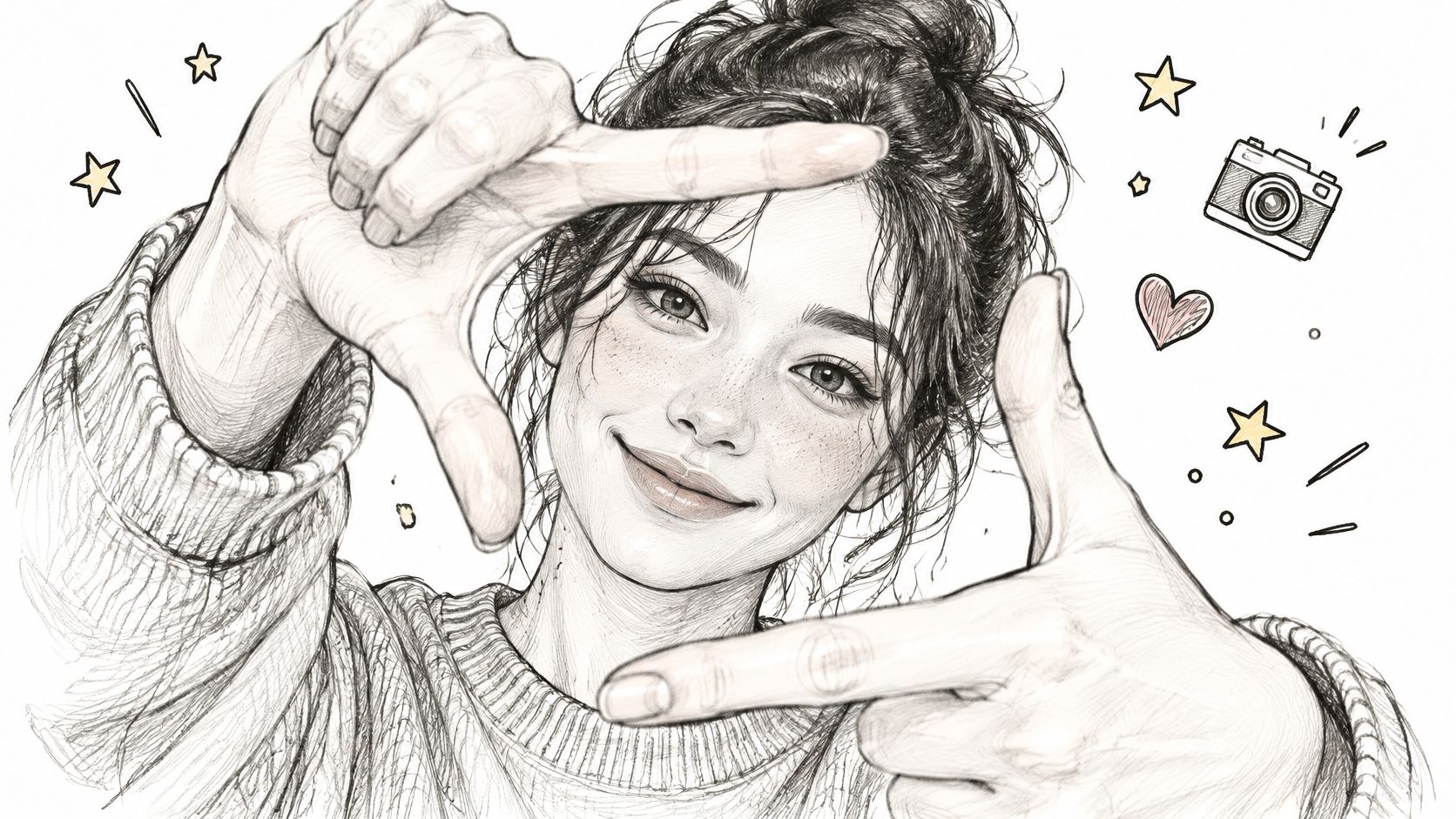 A pencil sketch of a smiling young woman making a frame shape with her hands.