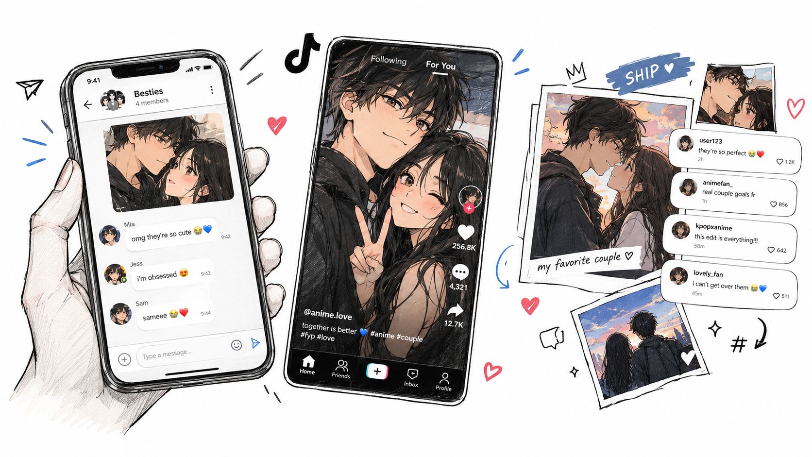 A hand holding a smartphone showing an anime couple social media post with surrounding digital interaction icons.