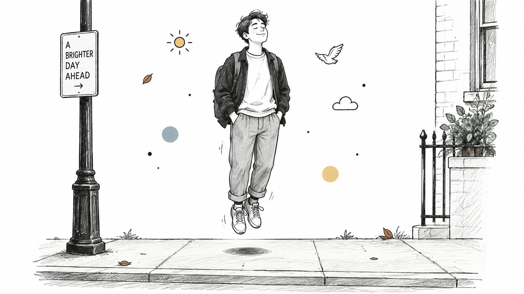 An illustration of a young man with a backpack happily levitating above a city sidewalk.